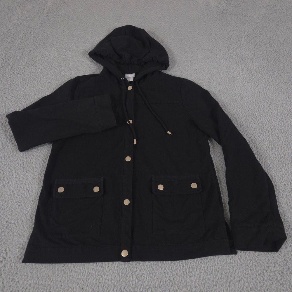 Chico's Zenergy Jacket Womens 0 Small Black Cotton Blend Roll Tab Sleeve Hooded
